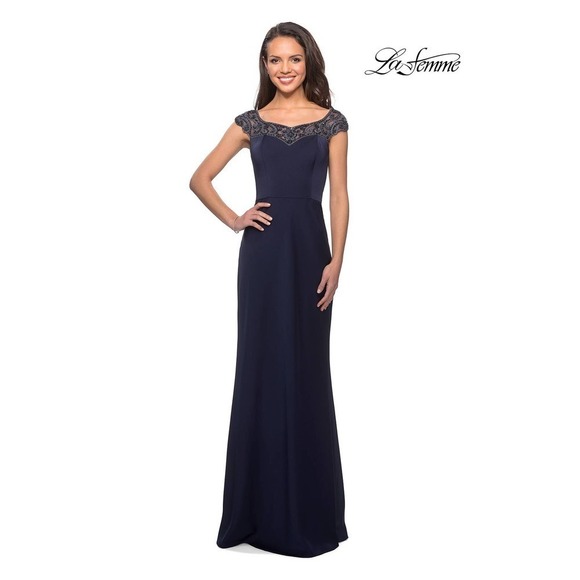 New La Femme Navy Blue Beaded Column Gown Women's Size 16 - Picture 1 of 14